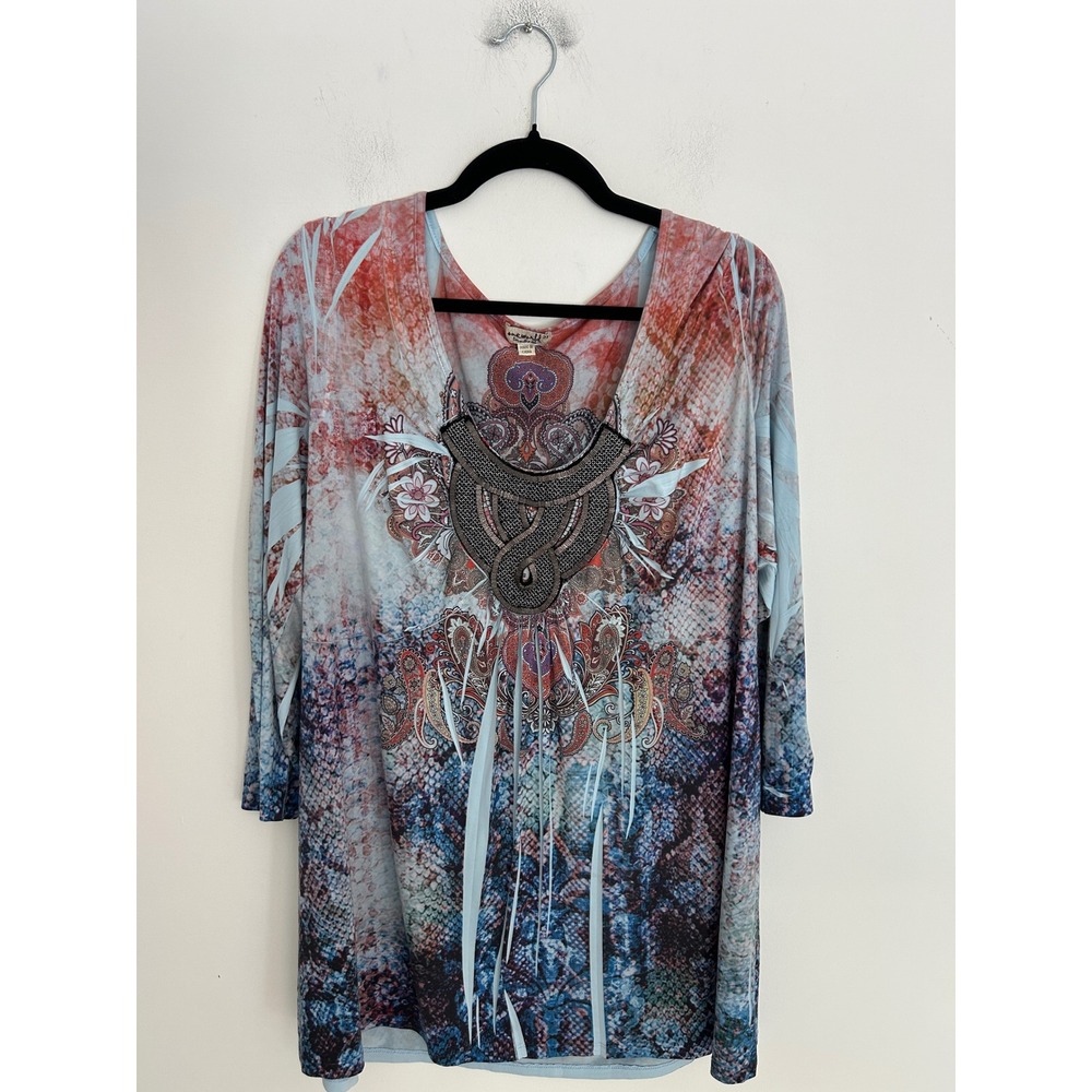 One World Women's 2X Tunic Top Blue Orange Paisley Snakeskin Beaded Bohemian